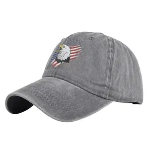 Detail of grey washed cotton baseball cap featuring bald eagle and American embroidery