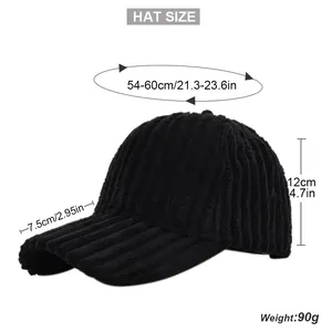 Detailed size chart for corduroy baseball cap showing 54-60cm circumference and 90g weight