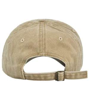 Detail of adjustable metal buckle and khaki washed cotton texture on back of baseball cap