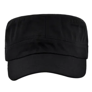 Classic black cotton flat top military cadet hat with durable twill fabric texture
