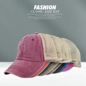 Detailed collection of colorful washed cotton mesh trucker hats in various vintage shades
