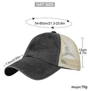 Detailed sizing chart for vintage washed trucker cap with breathable mesh and curved brim