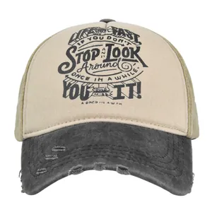 Vintage Route 66 embroidered trucker hat with distressed brim and breathable mesh back
