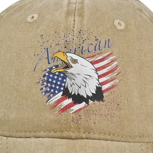 Distressed khaki baseball cap featuring eagle print and American flag design embroidery