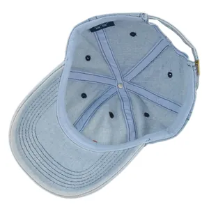 Detail showing inner seams, metal top button, and brand label of light blue denim cap