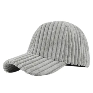 Detail view of the gray corduroy texture and classic 6-panel structure on the baseball cap
