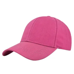Detail view of rose pink cotton baseball cap showing stitch lines and fabric texture