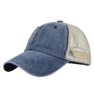 Vintage washed blue denim trucker hat with breathable beige mesh back and curved brim