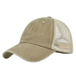 Close-up detail of the breathable mesh back and washed cotton fabric on this vintage cap