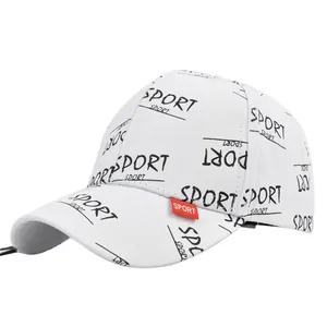 Detail of white baseball cap featuring black Sport prints and a red woven side label
