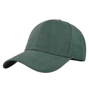 Detail of dark green baseball cap featuring classic 6-panel texture and curved stitching