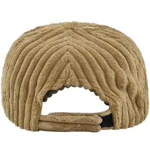 Detailed back view of khaki corduroy baseball cap with adjustable velcro strap closure