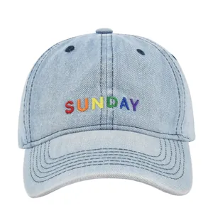 Light blue denim baseball cap featuring colorful 3D SUNDAY embroidery and classic curved brim