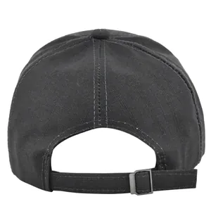 Detail of grey cotton baseball cap with adjustable metal buckle and fabric texture