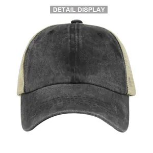 Detailed close-up showing washed black denim brim and breathable mesh of the trucker cap