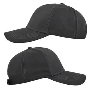 Side view of black cotton baseball cap showing reinforced curved brim and stitching