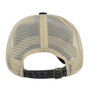 Detailed back view of a distressed trucker hat showing the breathable mesh and metal buckle