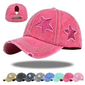 Berretto da Baseball con Coda di Cavallo in Cotone Lavato Effetto Usurato Donna Glitter Paillettes Stella Patchwork Regolabile Cappello da Sole Outdoor Vintage per Donna