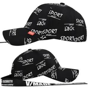 Detail of black sport baseball cap featuring full sport print and long trendy strap