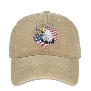 Vintage khaki cotton baseball cap with American eagle flag embroidery and washed finish