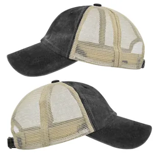Detailed views of vintage washed trucker hat with mesh back and adjustable buckle