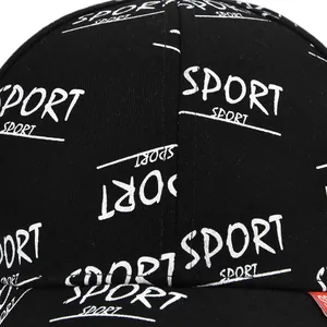 Close-up of black cotton baseball cap featuring white artistic Sport embroidery