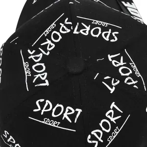 Detailed top view of a black twill cotton baseball cap with white Sport print