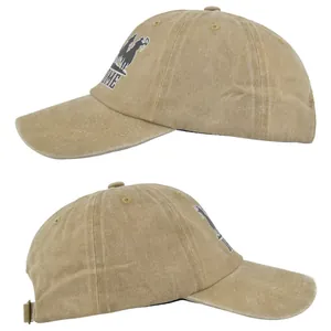 Vistas laterales de una gorra de béisbol de algodón caqui con texto Rome y logo animal