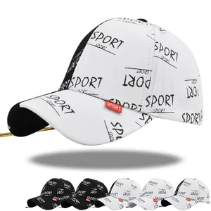 Cotton Baseball Cap With Sport Letter All-over Print Streetwear Embroidered Sun Hat With Long Decorative Strap For Men Women