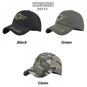 U.S. Army embroidered baseball caps in black, green and camo with mesh back detail