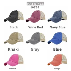 Matrix display of multi-color vintage washed mesh trucker hats in eight assorted colors