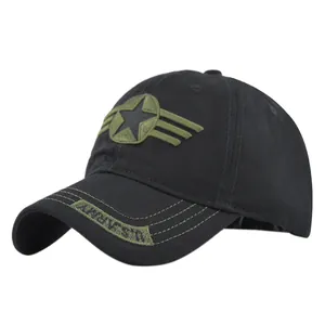 Classic black baseball cap with embroidered army star and olive green military wings design
