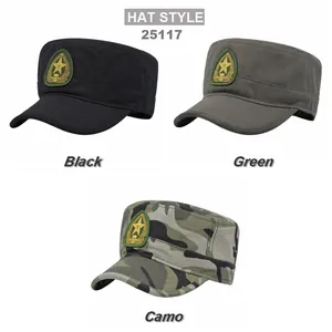 Militär-Flachdeckel-Baseballkappen in Schwarz, Armeegrün und Camo mit Sternenstickerei