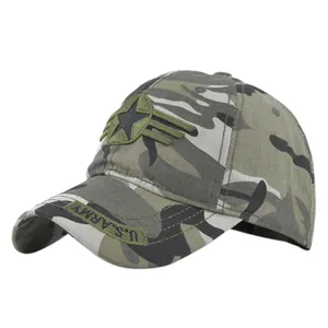 Detail of the 3D star embroidery and U.S. ARMY text on the camo baseball cap brim
