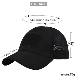 Tactical mesh cap size chart showing head circumference, brim length, and weight metrics