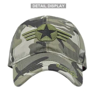 Detailed embroidery of the ARMY text and star emblem on the camouflage mesh baseball cap