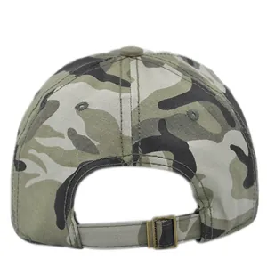Detail view of the camouflage baseball cap showing adjustable strap and metal buckle