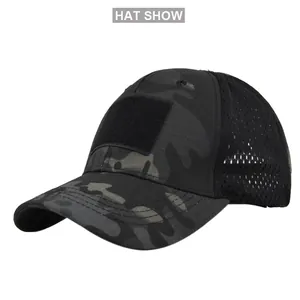 Tactical mesh hat in dark camouflage with front velcro patch and breathable rear mesh panel