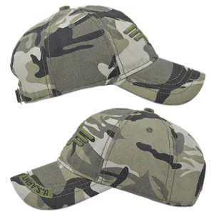 Detailed close-up of U.S. ARMY embroidery on a camouflage mesh baseball cap