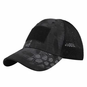 Close-up of tactical camo mesh cap featuring front velcro patch and breathable fabric