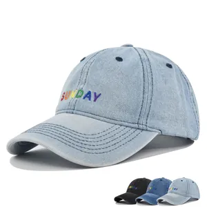 Berretto da Baseball in Denim Lavato Ricamo Arcobaleno Sunday Cappello da Sole Regolabile Unisex Casual Sport Outdoor