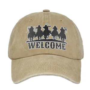 Gorra de béisbol de algodón lavado caqui vintage con siluetas de vaqueros y bordado Welcome