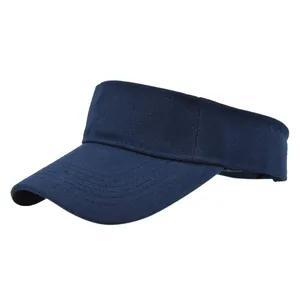 Detail of navy blue canvas sun visor hat featuring a wide brim and decorative stitching