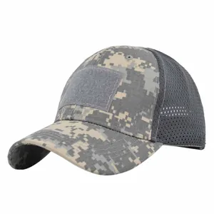 Detail of ACU camouflage tactical cap featuring breathable grey mesh and velcro patch area