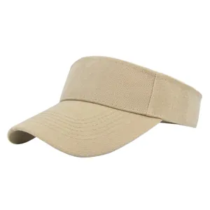 Macro side view of khaki open top sun visor hat with multi-stitch brim and twill texture