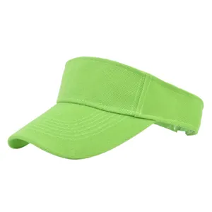 Detailed view of lime green sun visor with embroidery stitching and curved brim detail