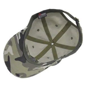 Detail of 100% cotton camo baseball cap interior showing sewing quality and label