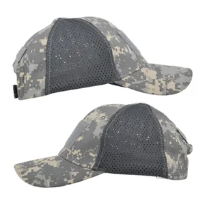 Detail view of tactical ACU digital camo hat with breathable mesh and velcro panels