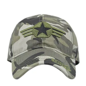 Army style camouflage baseball cap with green star embroidery and mesh back detail