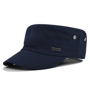Detail view of navy blue cotton canvas military cap with metal air vents and logo plate
